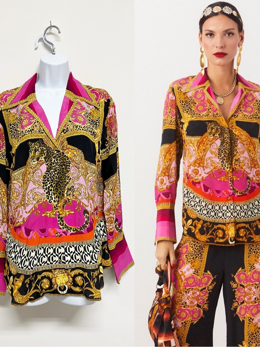 Camila Pink Gold Leopard Print Silk Crystal Embellished Button Up Pyjama Blouse